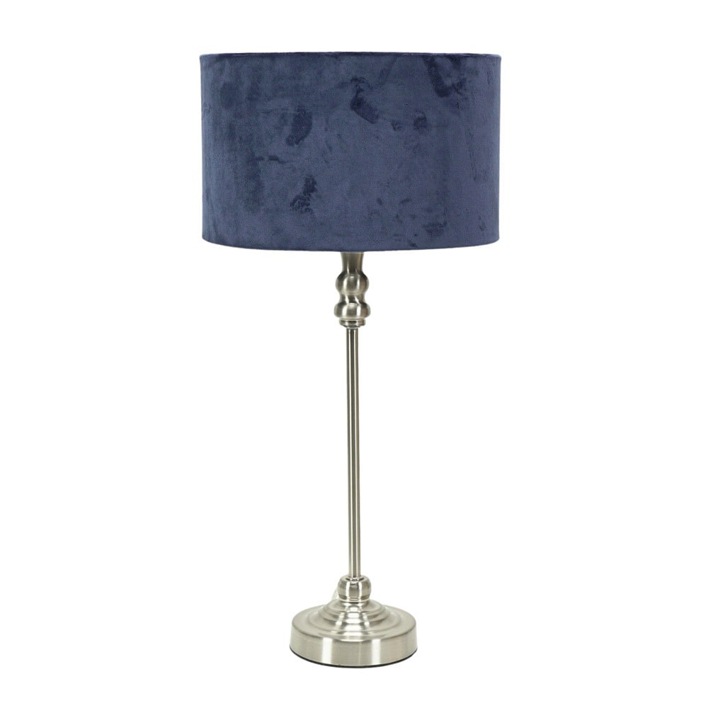 ValueLights Maggie Brushed Chrome Candlestick Table Lamp with Velvet Drum Shade & LED Bulb in Navy