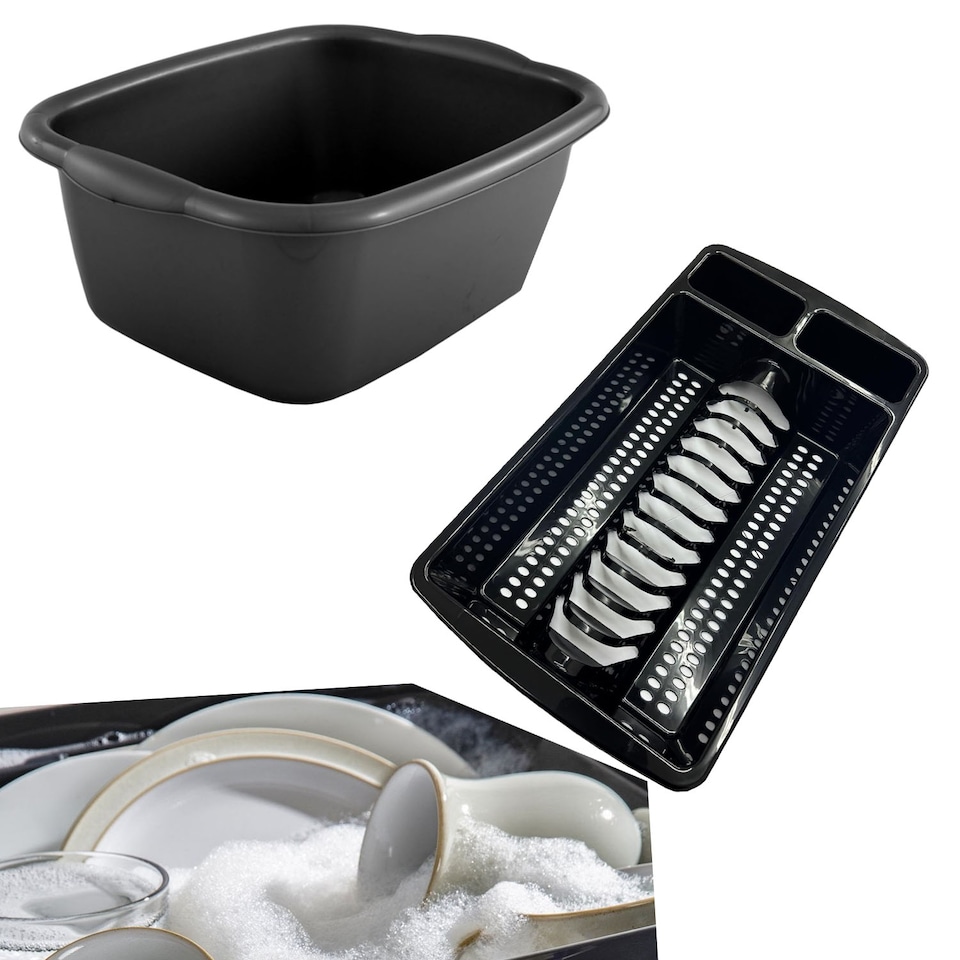 image 1 of Set Of Black Rectangular Washing Up Bowl & Dish Drainer Rack Kitchen Sink Utensil Holder