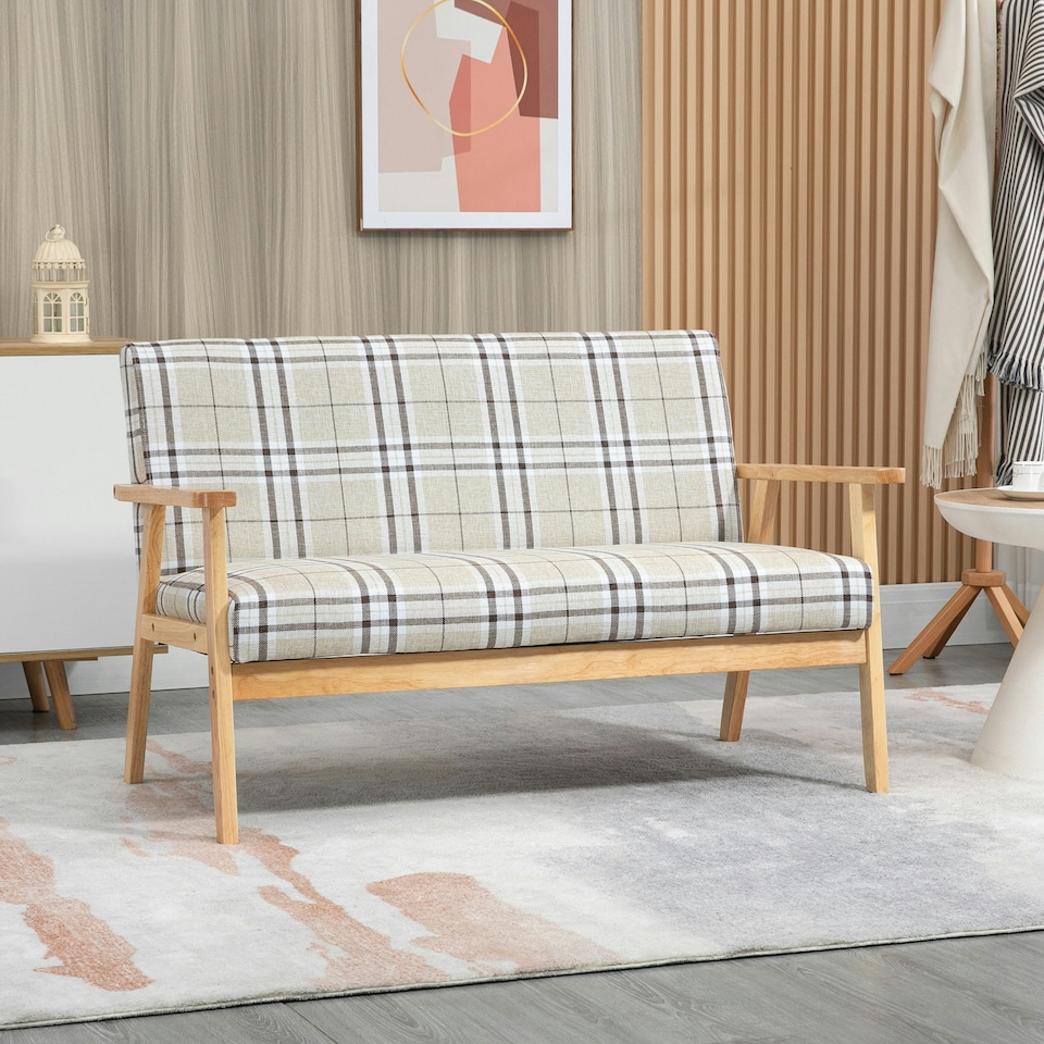 image 1 of HOMCOM Two Seater Sofa with Rubber Wood Frame Linen Fabric Small Couch Beige