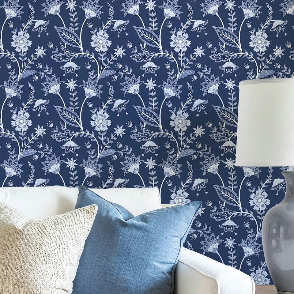 image 1 of Jacobean Floral Wallpaper in Navy Blue