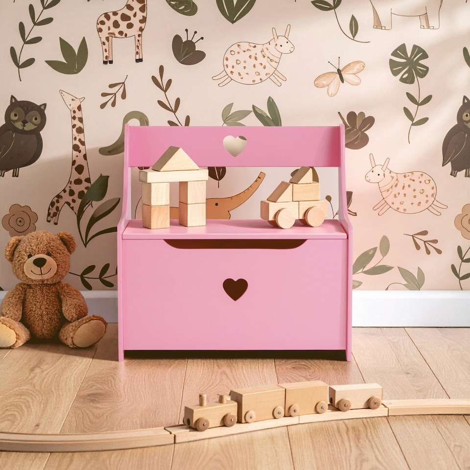 image 1 of Interiors by Premier Pink Heart Wooden Storage Bench Seat, Fun and Functional Wooden Storage Box with Seat, Pink Toy Storage Pink