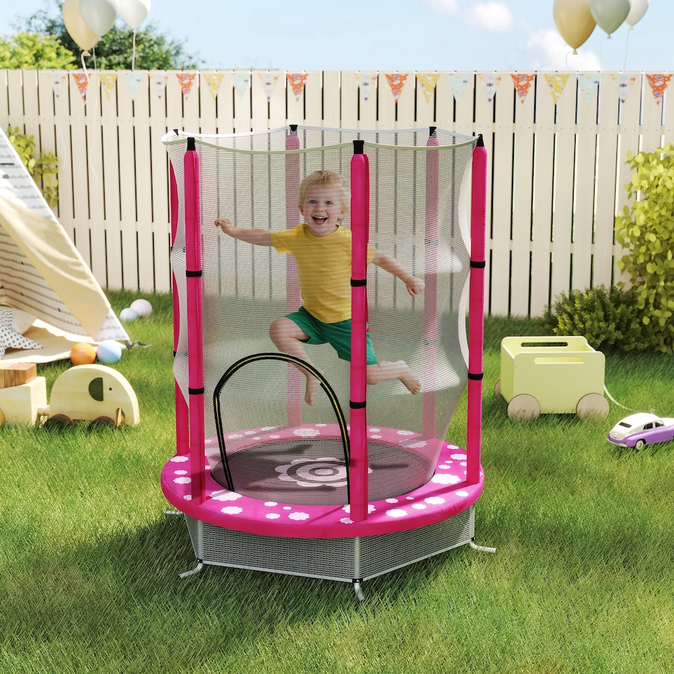 image 1 of AIYAPLAY 4.6FT Kids Trampoline with Safety Enclosure Net | Pink | Pink