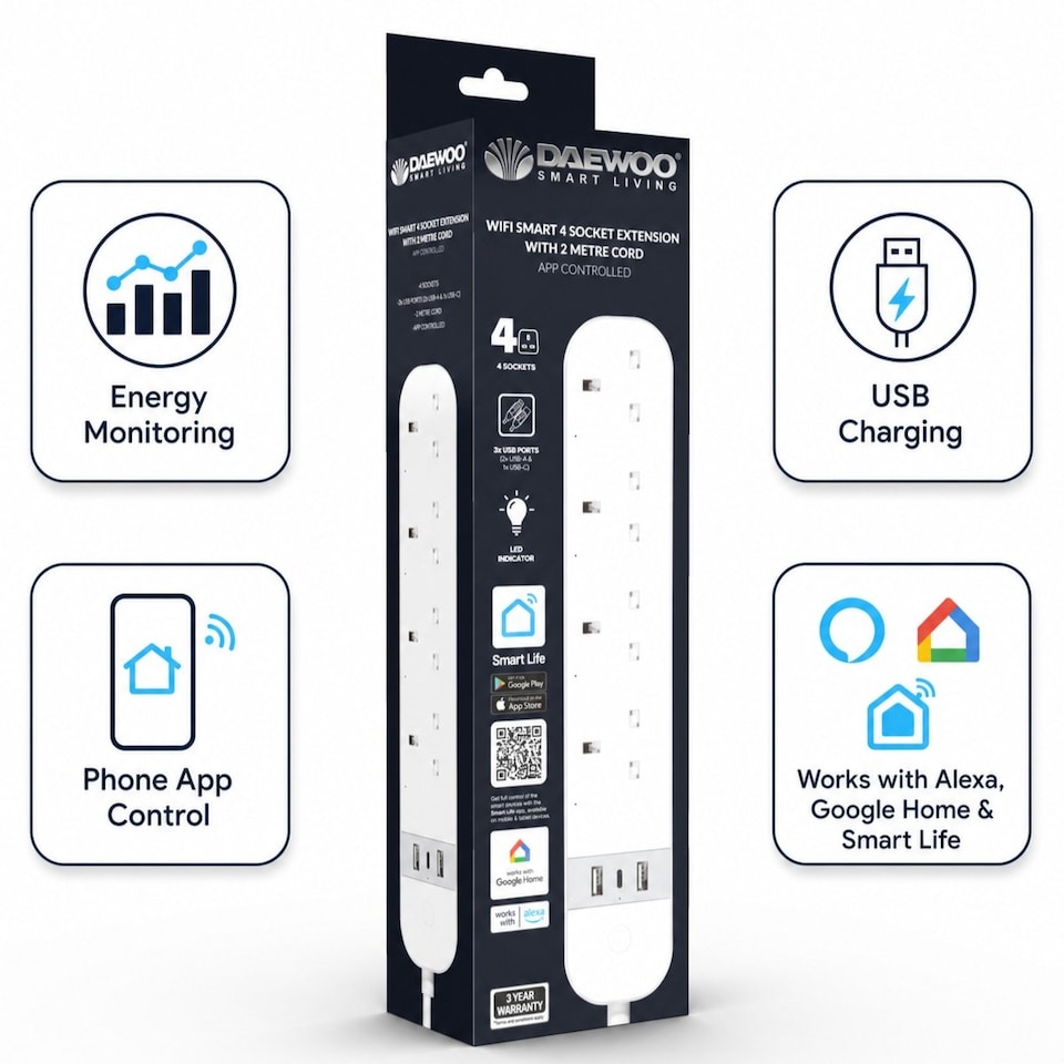 image 1 of Daewoo Smart WiFi Extension Lead Power Strip with USB Plug 4 Way Socket Energy Monitor Alexa & Phone APP Control