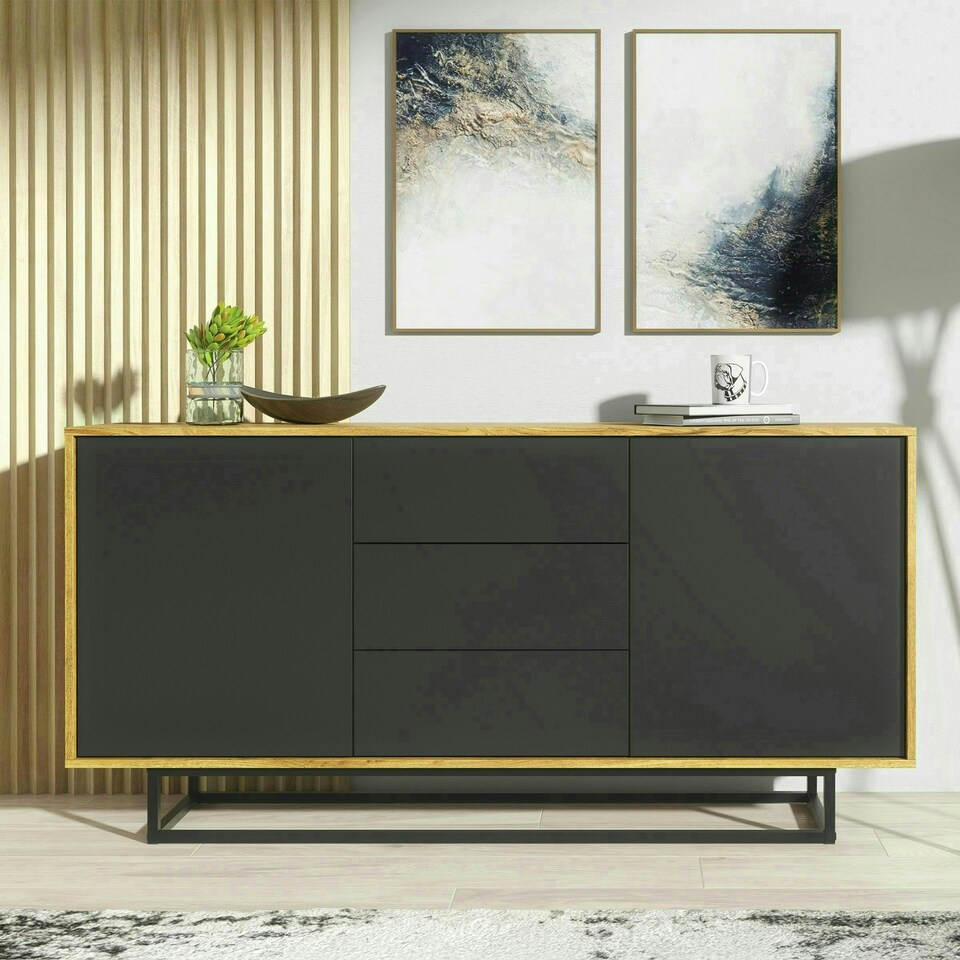 image 1 of Sideboard 140cm Oak Body with Black Drawer and Door Fronts Multi