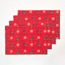 Homescapes Red Reindeer Christmas Placemats - Set of 4 | Red | 4