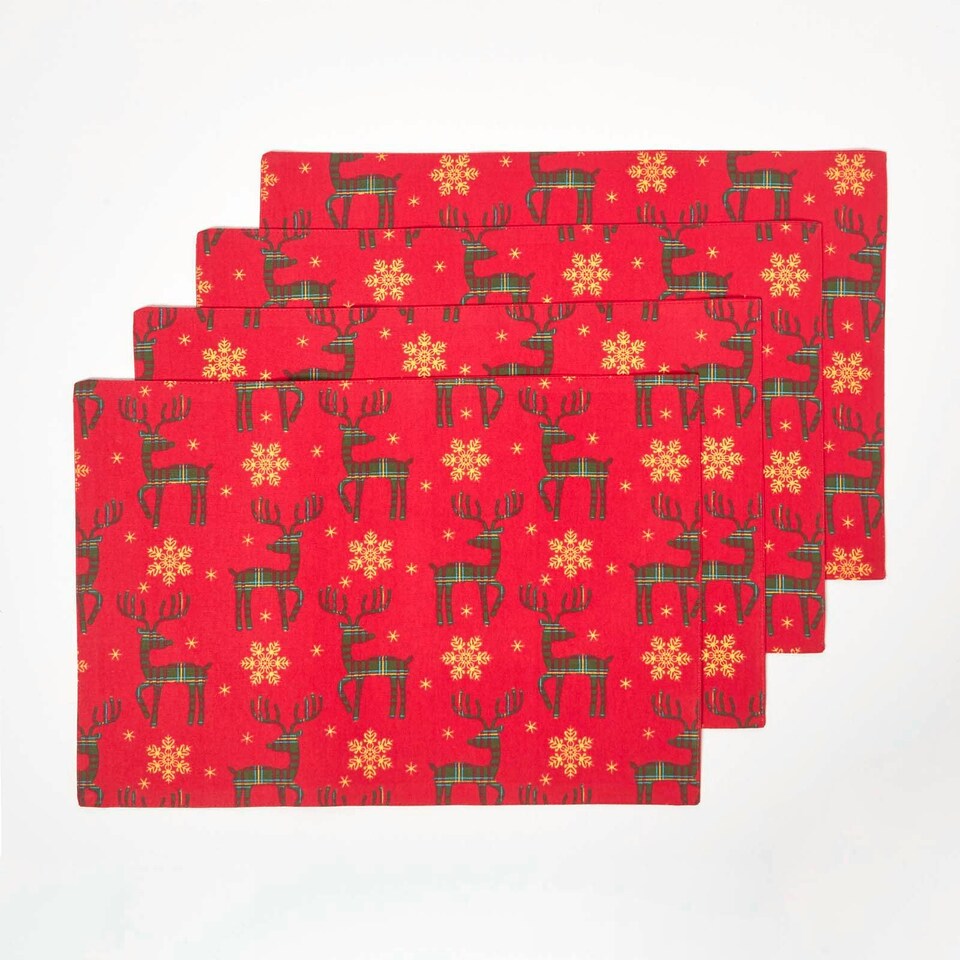 image 1 of Homescapes Red Reindeer Christmas Placemats - Set of 4 | Red | 4