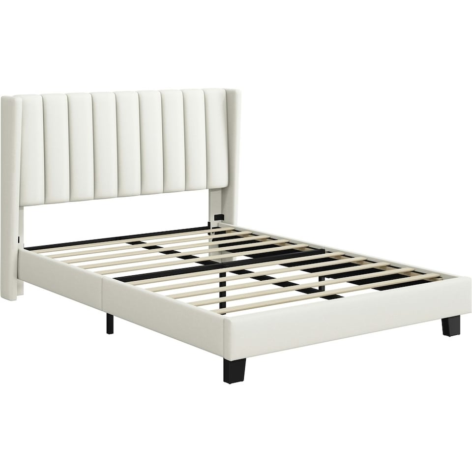 image 1 of Yaheetech 135 cm W x 190 cm L Upholstered Bed Frame with Wing Side Beige