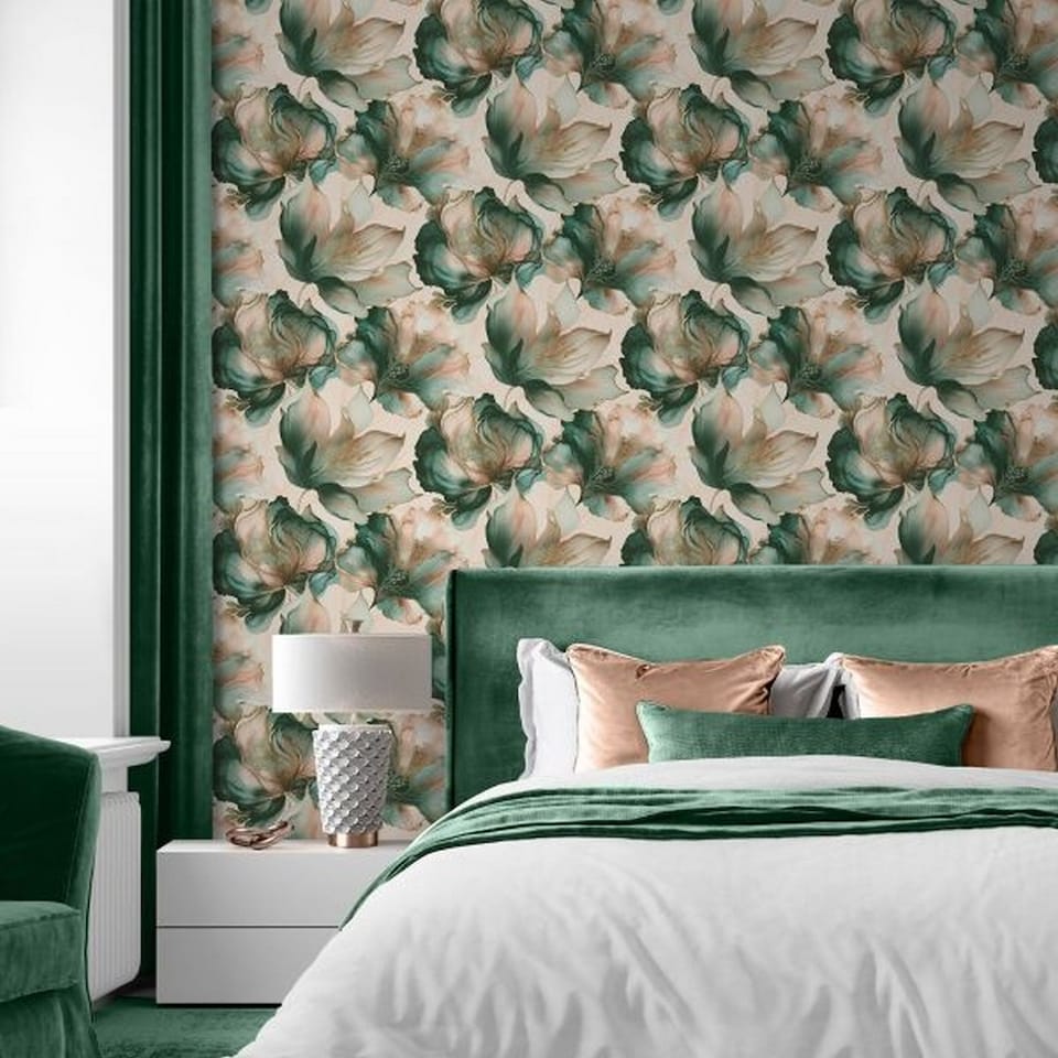 image 1 of Muriva Elysian Floral Wallpaper | Blue | Teal/Coral | 1