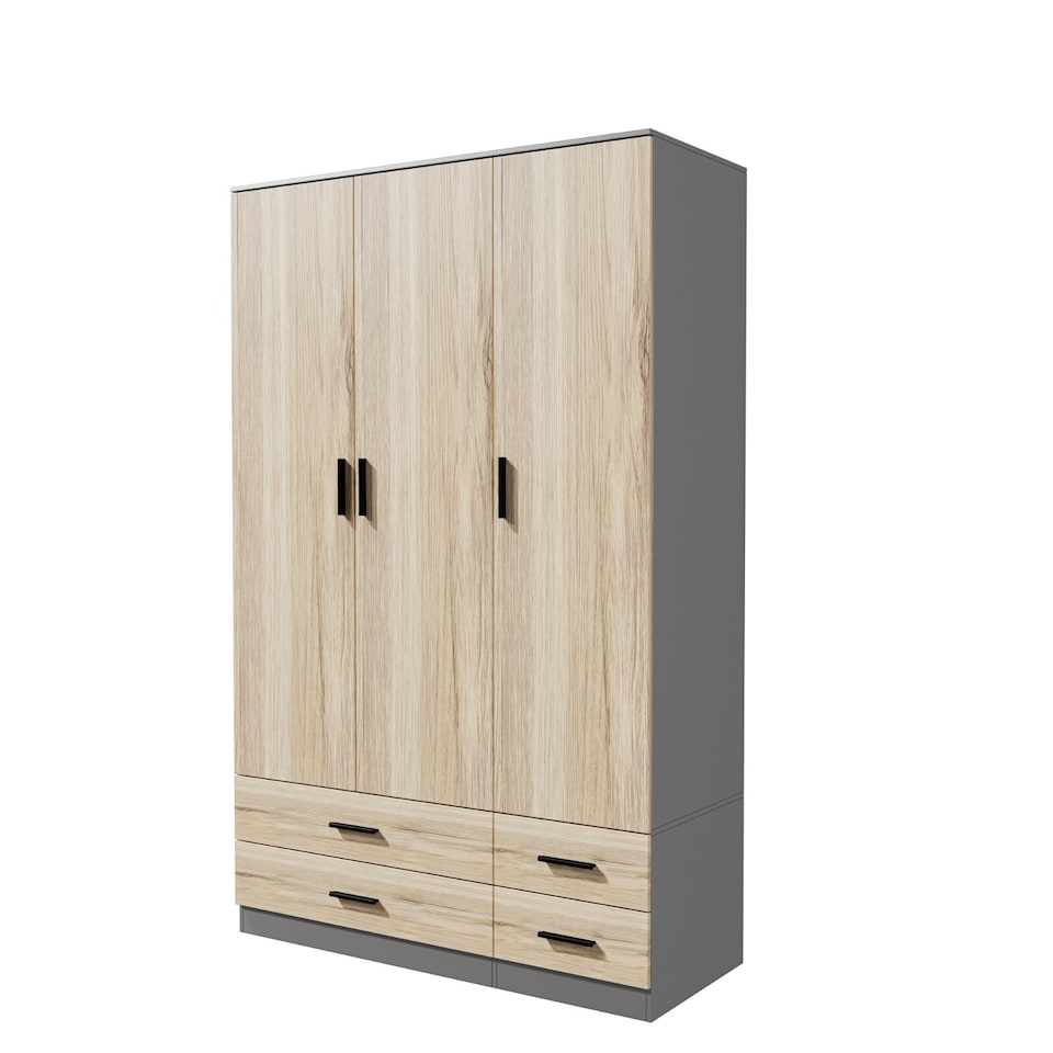 image 1 of 3 Door 4 Drawer Wardrobe With Hanging Rail And Storage Shelf | Grey | Grey Carcass & Oak Door | 1