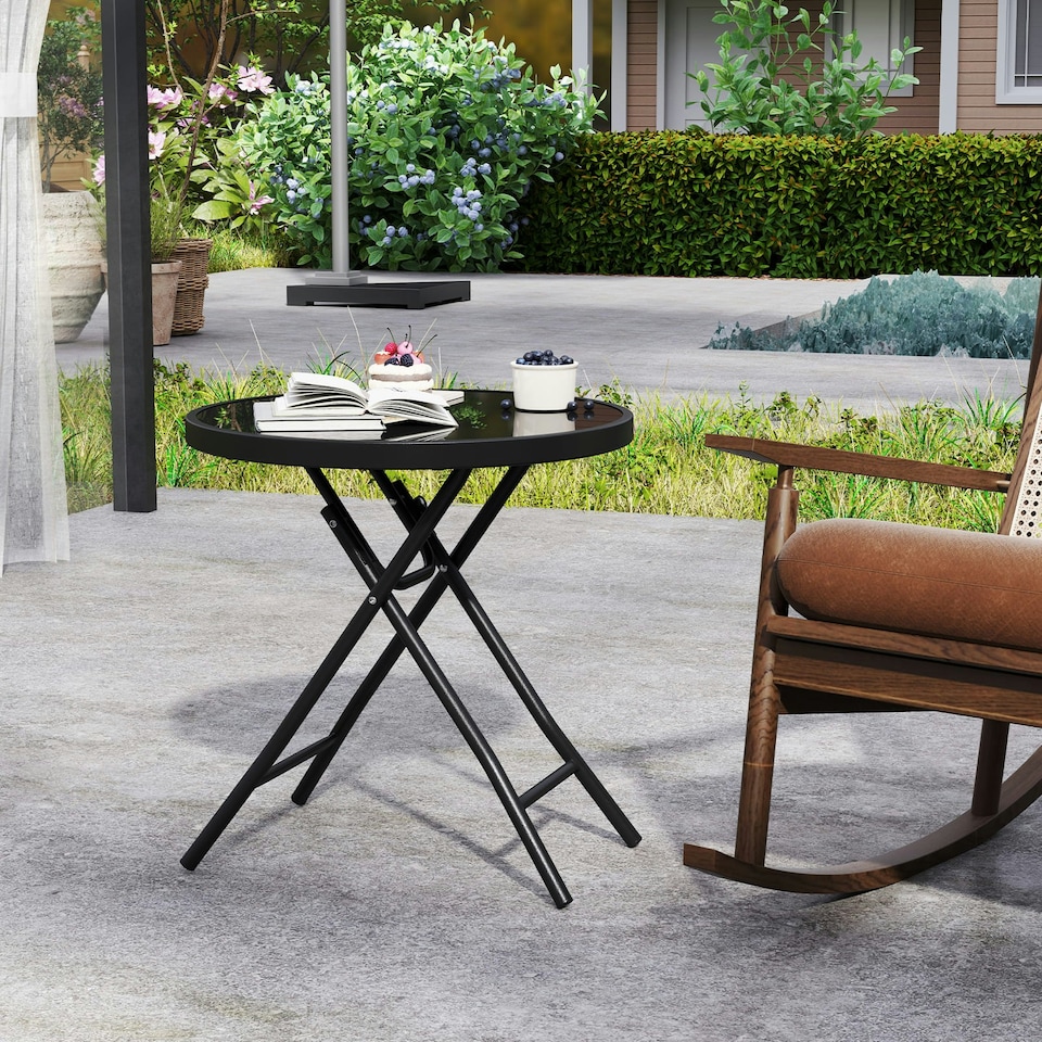 image 1 of COSTWAY Folding Glass Table Portable Patio Coffee Table Black