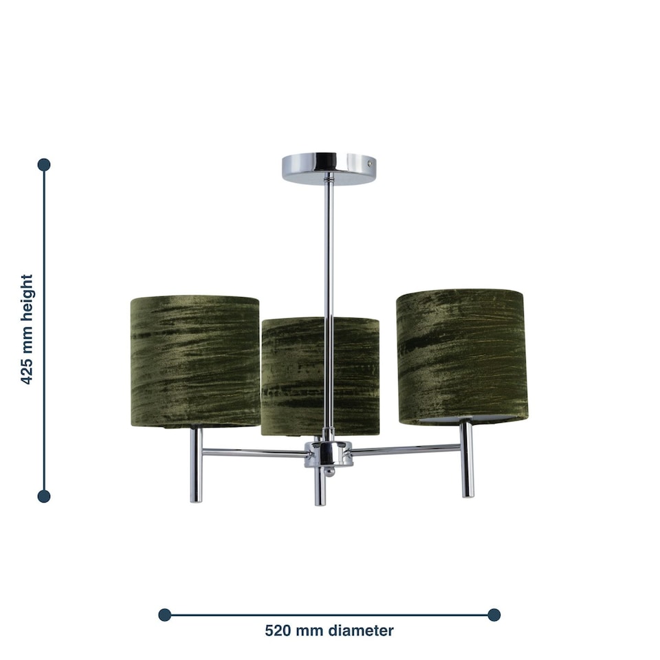 image 1 of Brea - Chrome 3 Light Fitting with Green Crushed Velvet Shades | Chrome | Green | 1