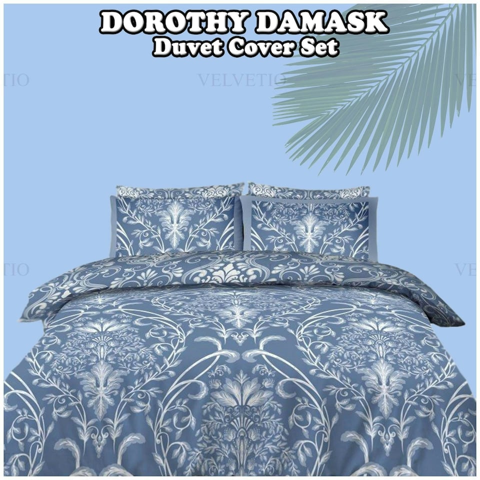 image 1 of VELVETIO Dorothy Damask Complete Duvet Cover Set with Fitted Sheet Soft Printed Bedding Bedset Blue | Double
