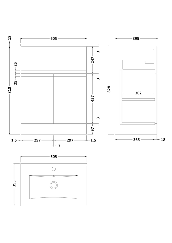 image 1 of Balterley Mavesyn Contemporary 2 Door 1 Drawer Floor Standing Vanity Unit with Minimalist Basin, Satin Grey, 600mm