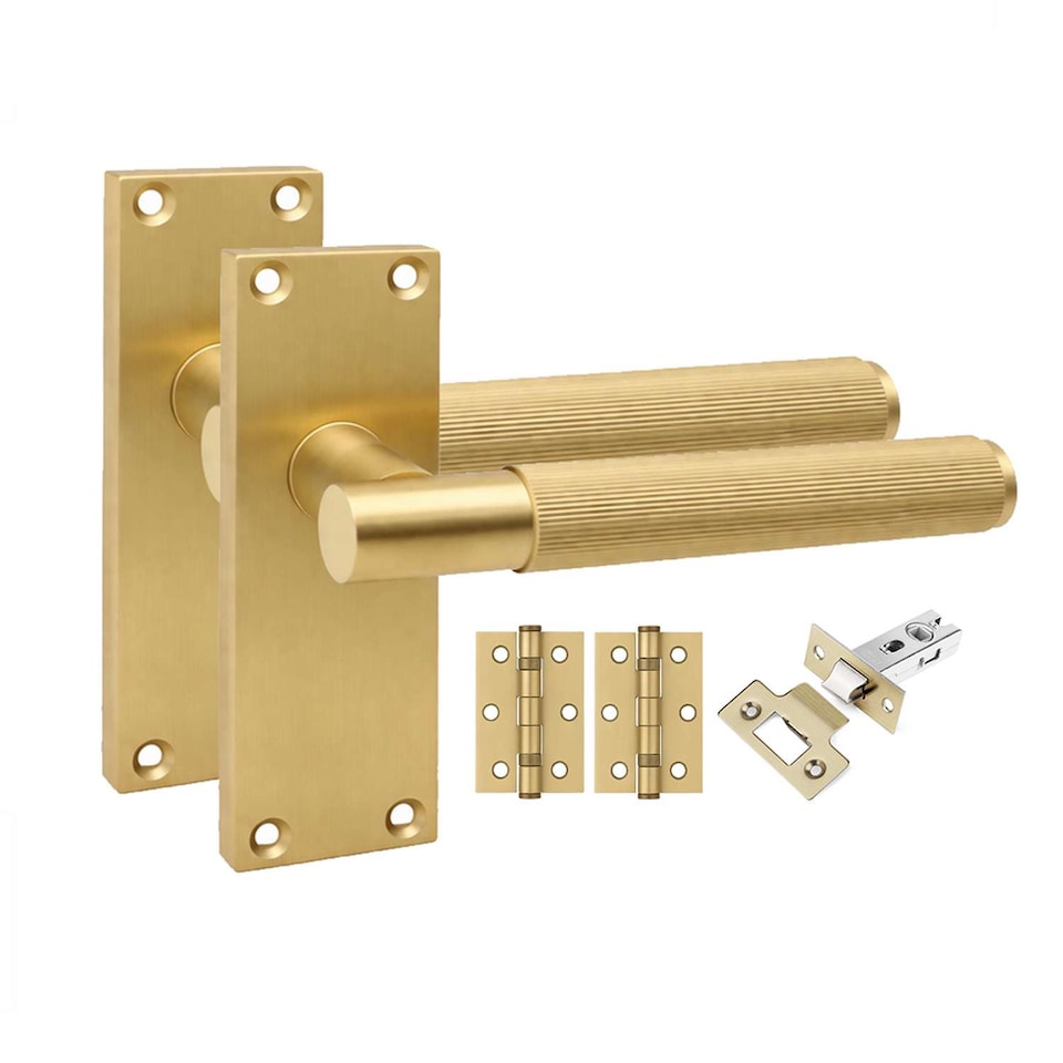 image 1 of Golden Grace 6 Pairs Victorian T-Bar Linear Design Internal Door Handle on Backplate Satin Brass with 2.5" Latch & Hinges - 120mm x 40mm