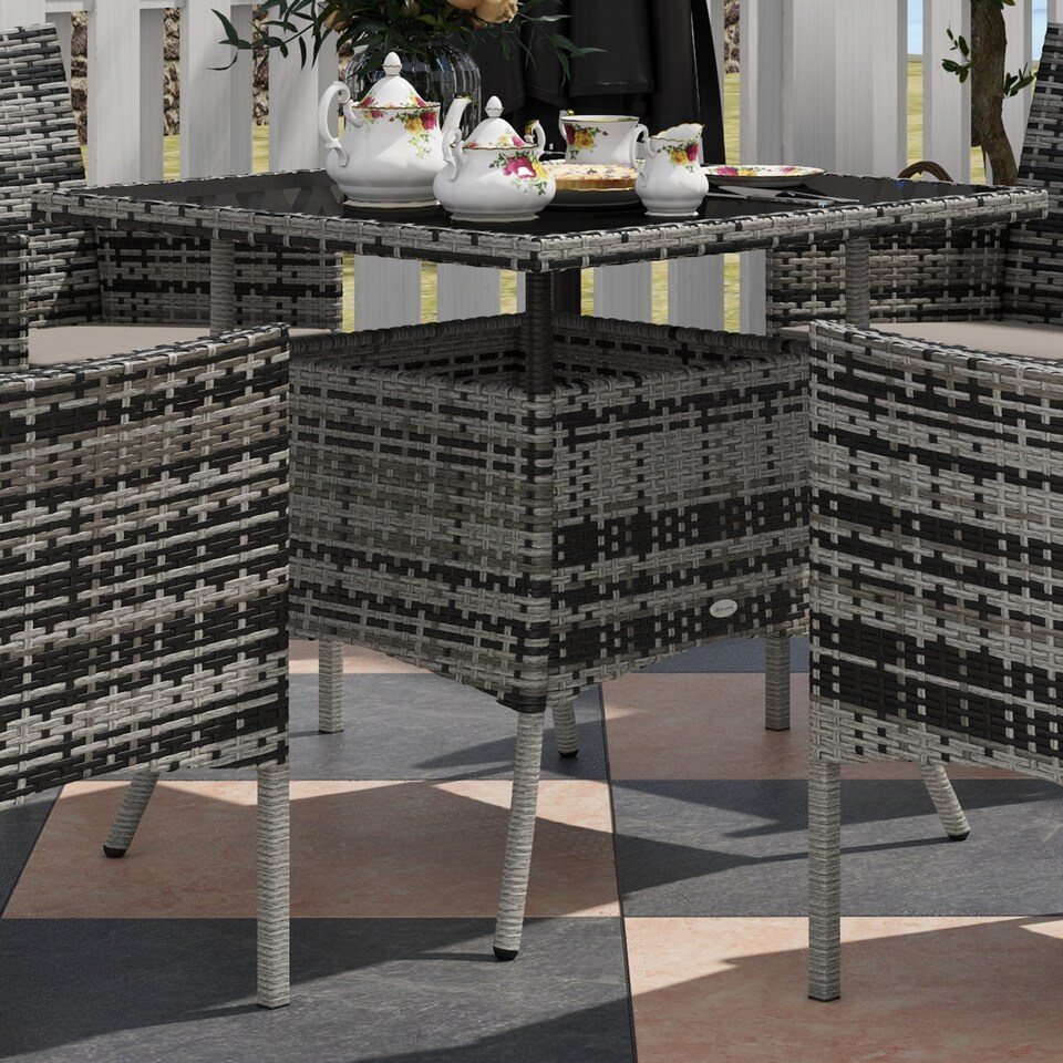image 1 of Outsunny 4 Seater Rattan Dining Set with Cushions, 5 Pieces Garden Dining Set with Glass Tabletop, PE Rattan Garden Furniture Set with Dining Table and Armchairs for Patio, Balcony, Mixed Grey