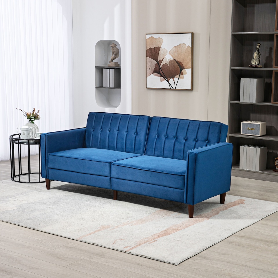 image 1 of HOMCOM Convertible Sofa Bed, 189cm Click Clack 3 Seater Sofa Bed, Button Tufted Velvet Sleeper Couch with Split Reclining Backrest and Rubber Wood Legs, Blue