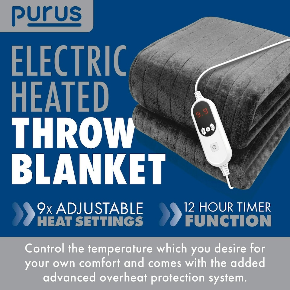 image 1 of Purus Electric Heated Fleece Blanket Throw 160x120cm - Grey