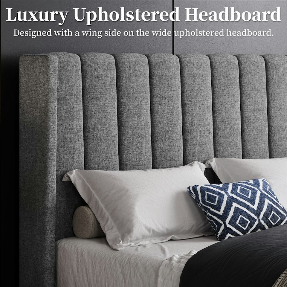 image 1 of Yaheetech 135 cm W x 190 cm L Upholstered Bed Frame with Wing Side Light Grey