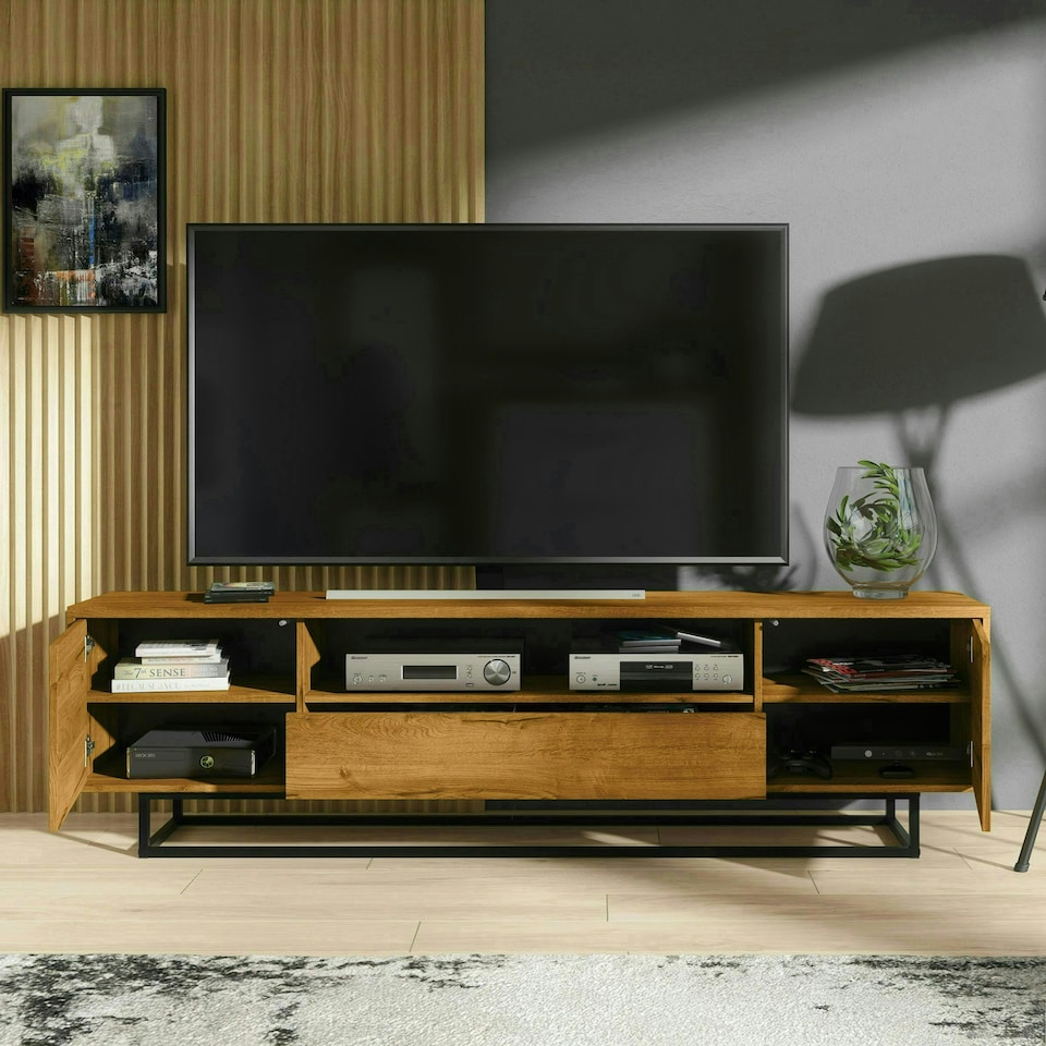 image 1 of TV Unit 200cm Oak Finish with Matching Oak Fronts on Black Frame Multi | Oak
