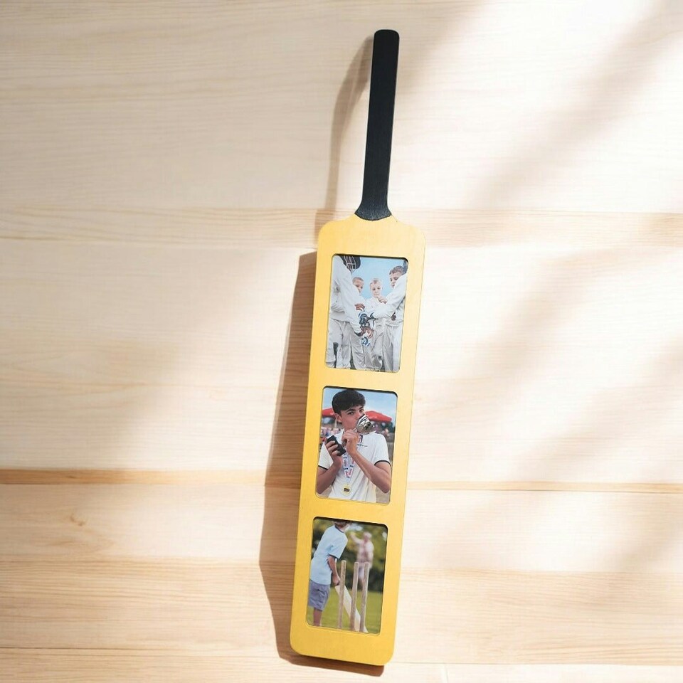 image 1 of Cricket Bat Photo Frame ? Holds Three 6x4? Photos ? Wall-Mounted or Freestanding Display ? Unique Gift for Cricket Fans & Players ? 82cm x 14cm Brown | One Size