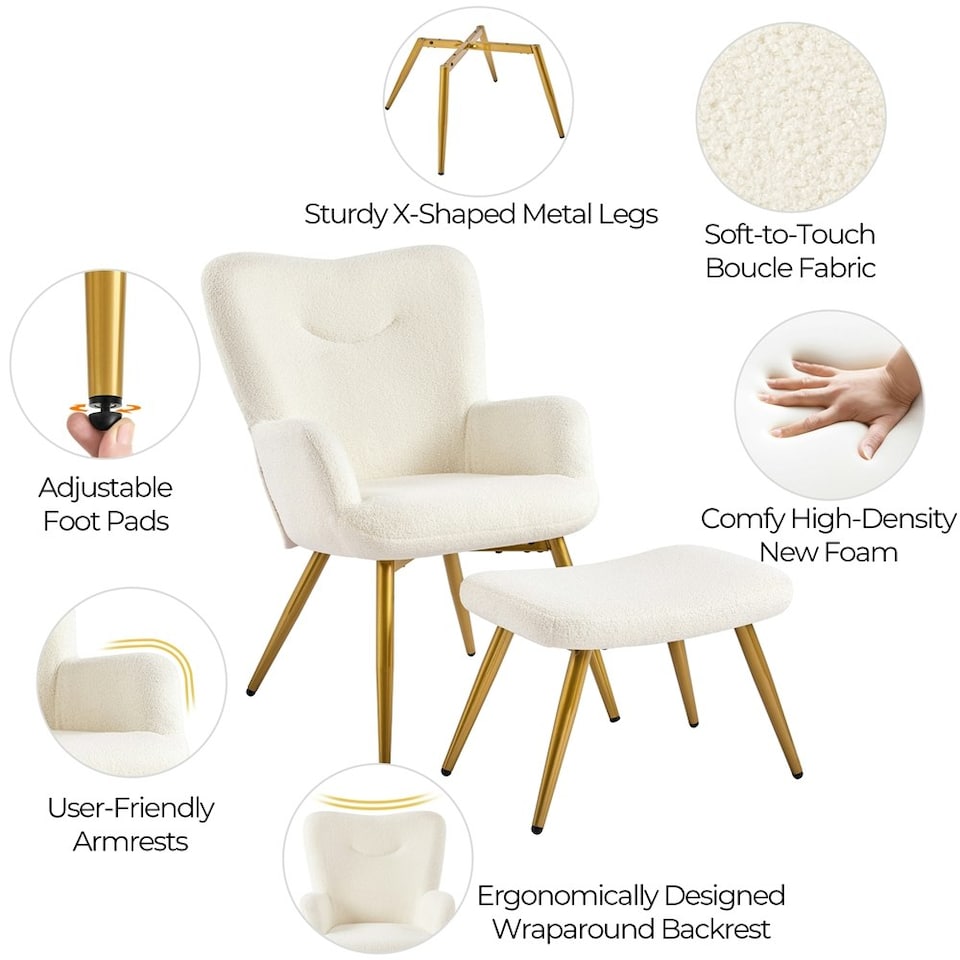 image 1 of Yaheetech Boucle Accent Chair and Ottoman Set with Metal Legs White | Ivory