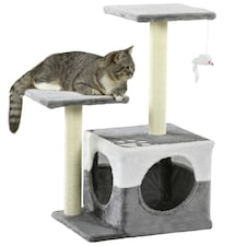 PawHut Cat Tree Tower Kitten House Scratching Post with Mouse Toy Grey