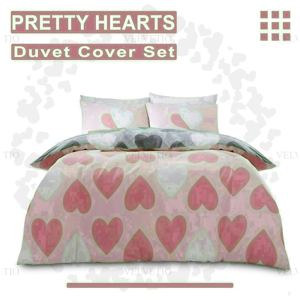 image 1 of Pretty Hearts Printed Duvet Cover Set Reversible Polycotton Beddings Pink | Single