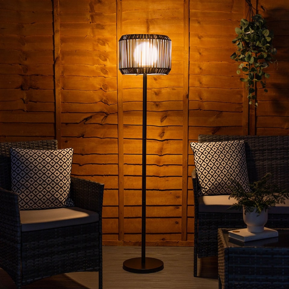 image 1 of ValueLights Solar Powered Outdoor Grey Rattan Garden Floor Lamp with Drum Shade | Grey