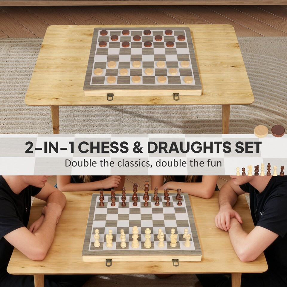 image 1 of SPORTNOW 15 Inch Wooden Chess Set with Draughts Board Game, 2 in 1 Foldable Chess and Draughts Set with Pine Wood Pieces, Storage Grooves for Travel for Adults and Kids, Brown