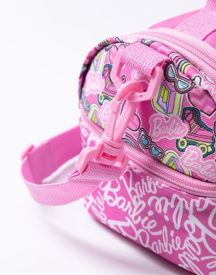 image 1 of Barbie Girls Pink Lunch Bag with Bottle & Snack Pot | Stronger Together Zip-Up Carry Set | Adjustable Shoulder Strap | Back to School Cartoon Graphic Design | Barbie Merch
