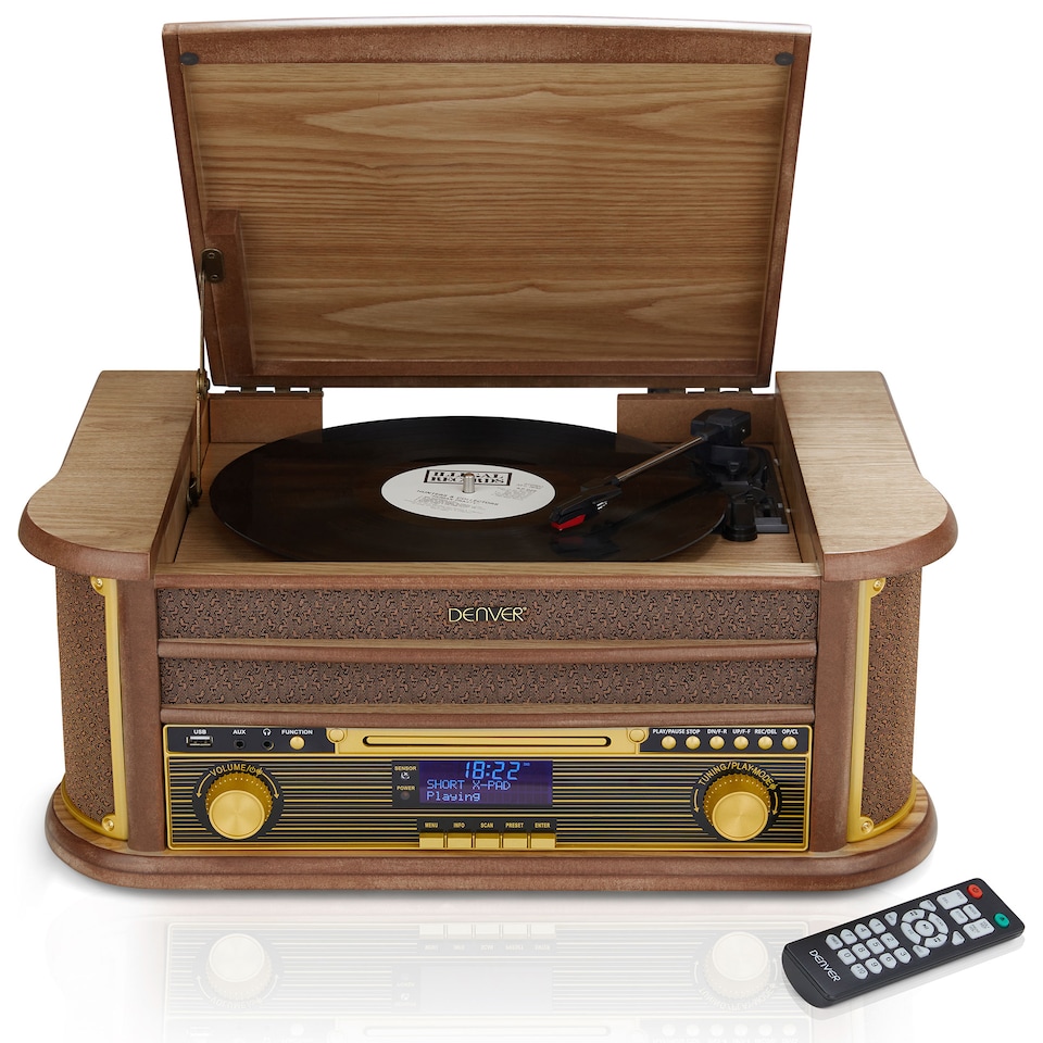image 1 of Denver 9-in-1 Retro Vintage DAB Bluetooth Wooden Radio Record Player - MRD-51BT | Brown | Light Wood