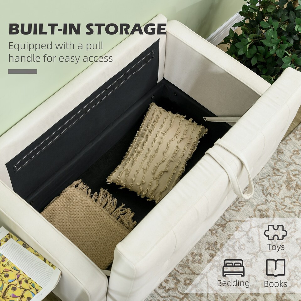 image 1 of HOMCOM Modern 2 Seater Sofa with Hidden Storage, 117cm Tufted Cotton Couch with Wood Legs, Compact Loveseat for Living Room, Kitchen, Cream White