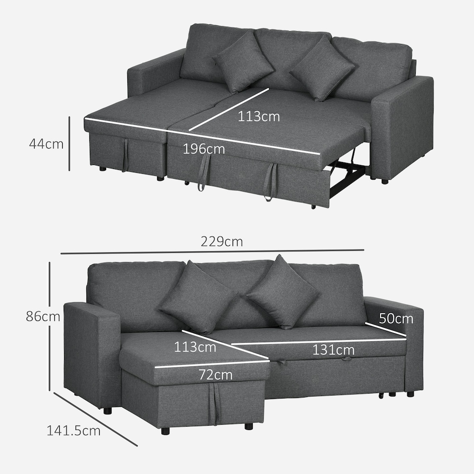 image 1 of HOMCOM Corner Sofa Bed w/ Storage, 3 Seater Pull Out, Dark Grey