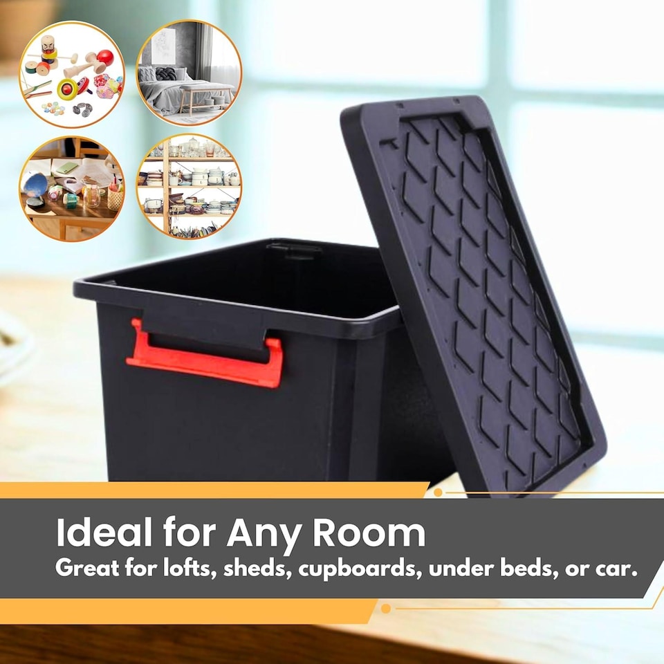 image 1 of 25L Small Heavy-Duty Storage Box with Lid 10 Pack with Handles Durable Plastic Clip Locks Stackable Garage & Outdoor Black
