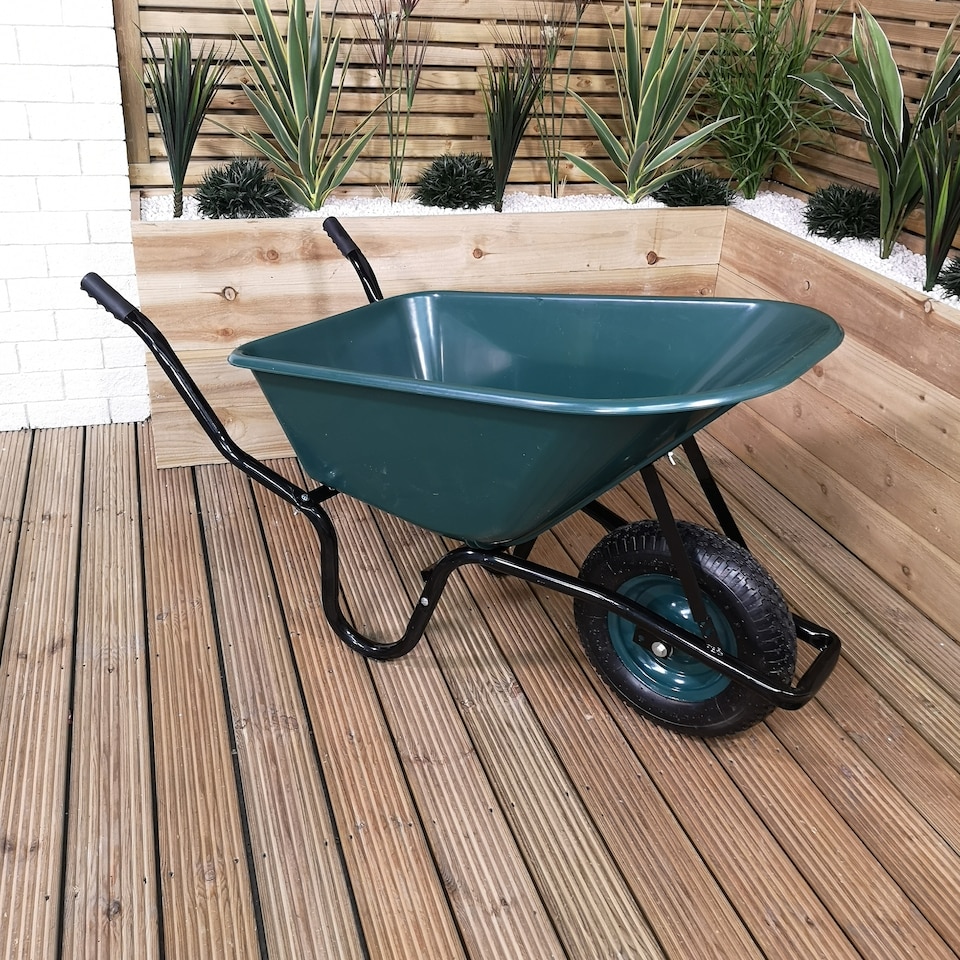 image 1 of 110 Litre 150kg Capacity Heavy Duty Outdoor Pneumatic Plastic Garden Wheelbarrow in Green