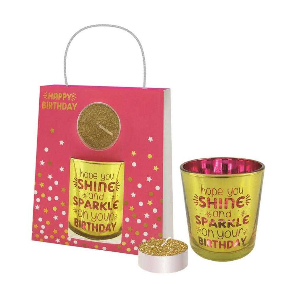 image 1 of Shine On Birthday Glass Sentiment Tealight Candle Holder with Bag