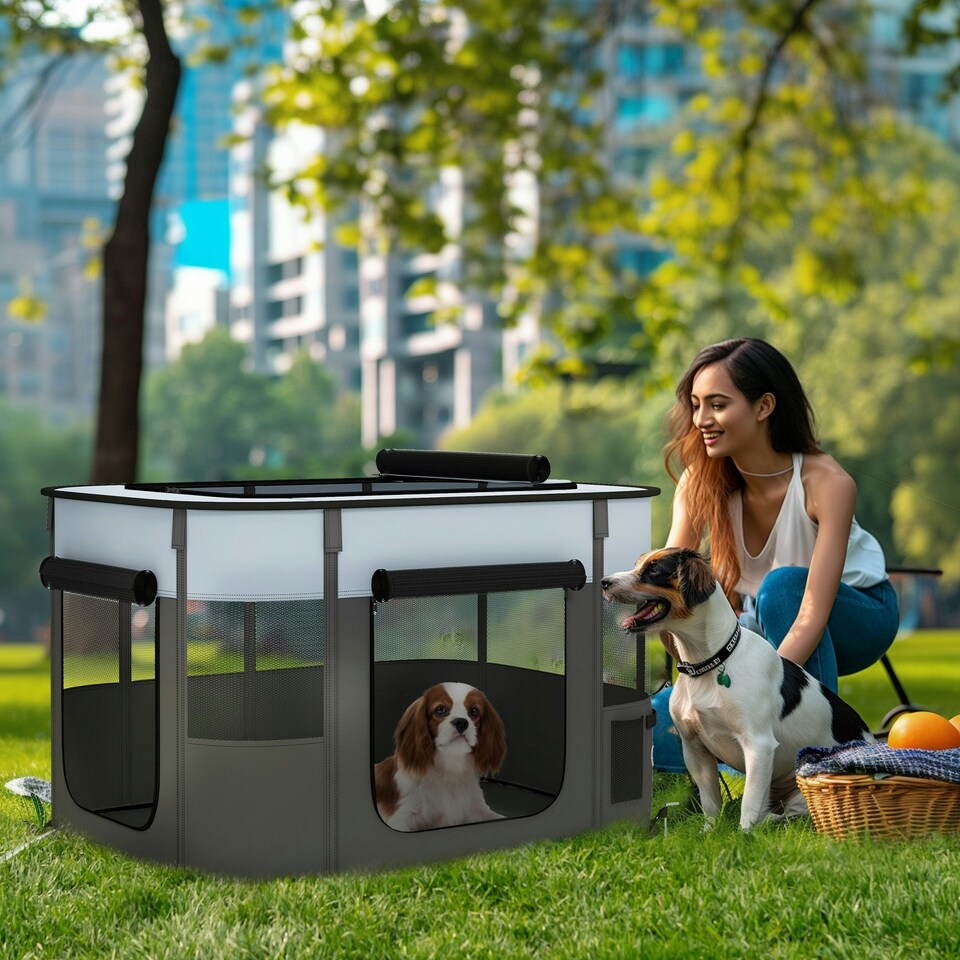 image 1 of PawHut Portable Dog Pen for Puppies, Rabbits, Kittens, Guinea Pigs - Grey