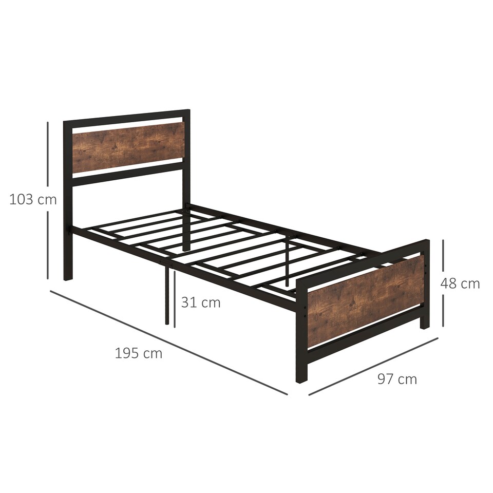 image 1 of HOMCOM Single Size Metal Bed Frame with Headboard & Footboard, Strong Slat Support Solid Bedstead Base w  Underbed Storage Space, Bedroom Furniture For Adults