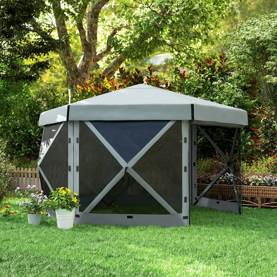 image 1 of Outsunny 3 x 3(m) Hexagon Pop Up Gazebo with 5 Sides, Netting, Light Grey