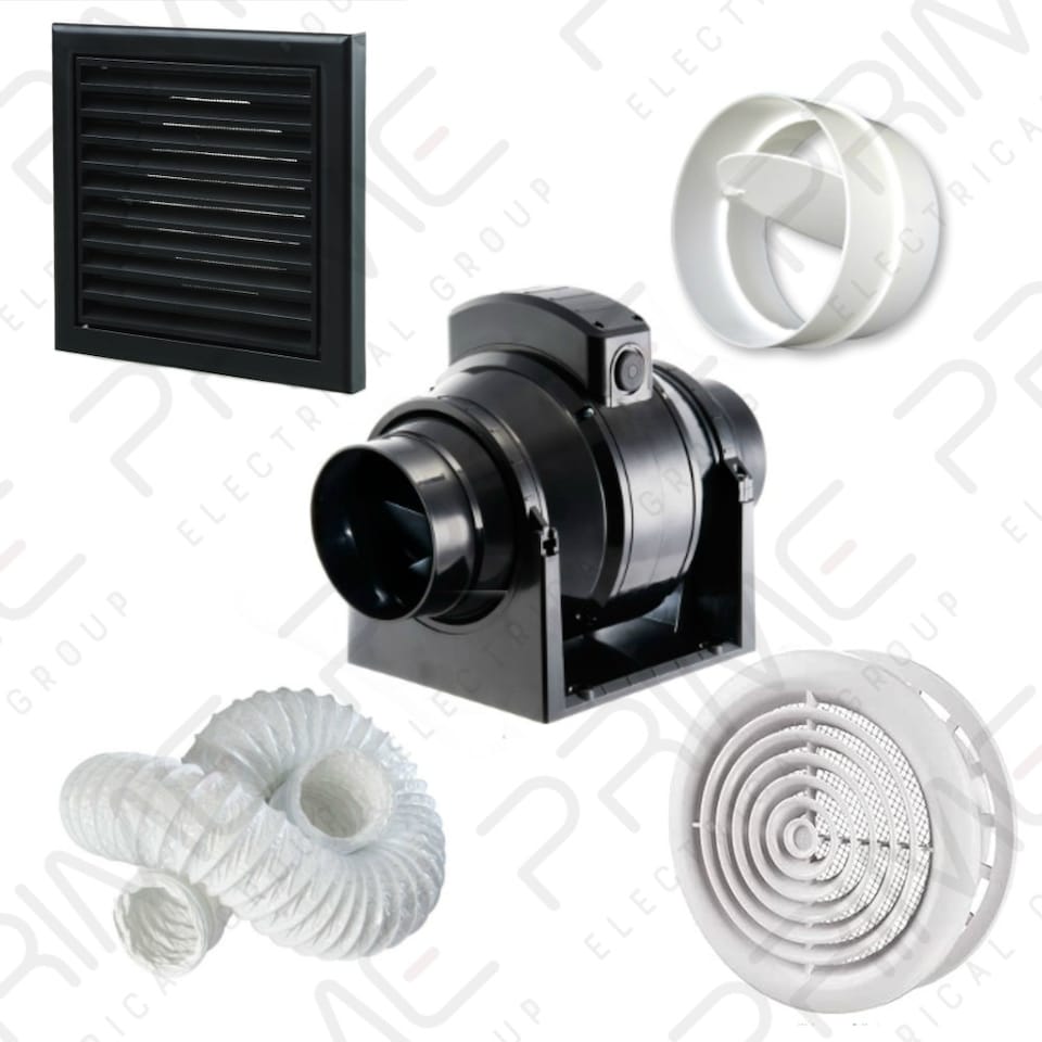 Manrose MF100T In-Line Timer Fan 100mm/4", 6m Flex Duct, White Internal grille, Black external grille and backdraught shutter