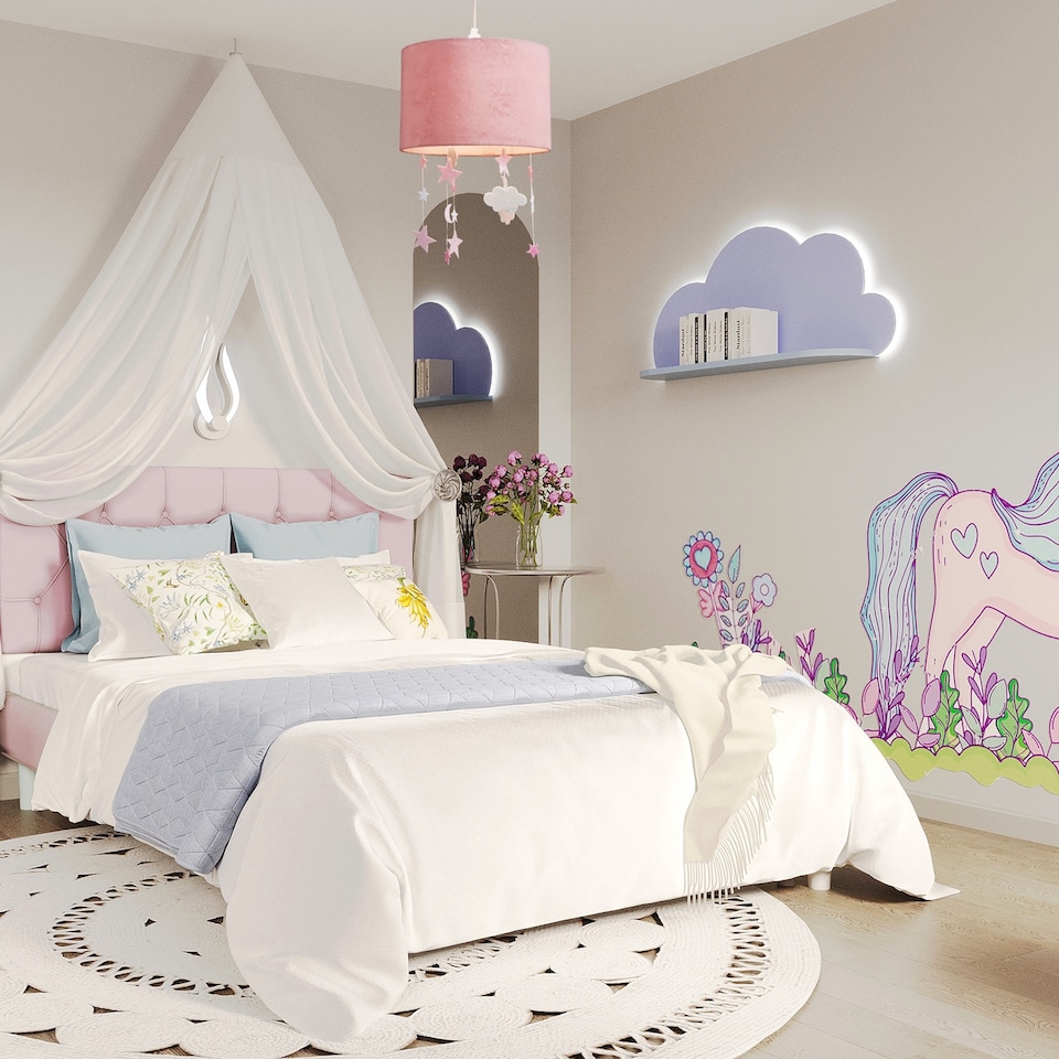 image 1 of Soft Blush Pink Velvet Pendant Lamp Shade with Hanging Felt Stars and Clouds | Pink