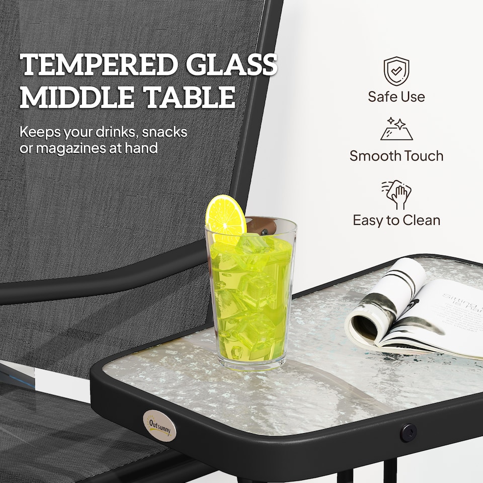 image 1 of Outsunny Outdoor Double Glider Rocking Chairs with Glass Top Middle Table, Metal Gliding Love Seat Conversation Furniture with Breathable Mesh Fabric Seat, for Garden, Patio, Black