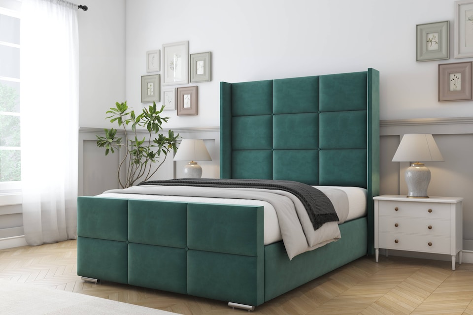 image 1 of Sloomy Beaumont Emerald Plush Bed Frame With 50"  Upholstered Wingback Headboard 4'6 Double