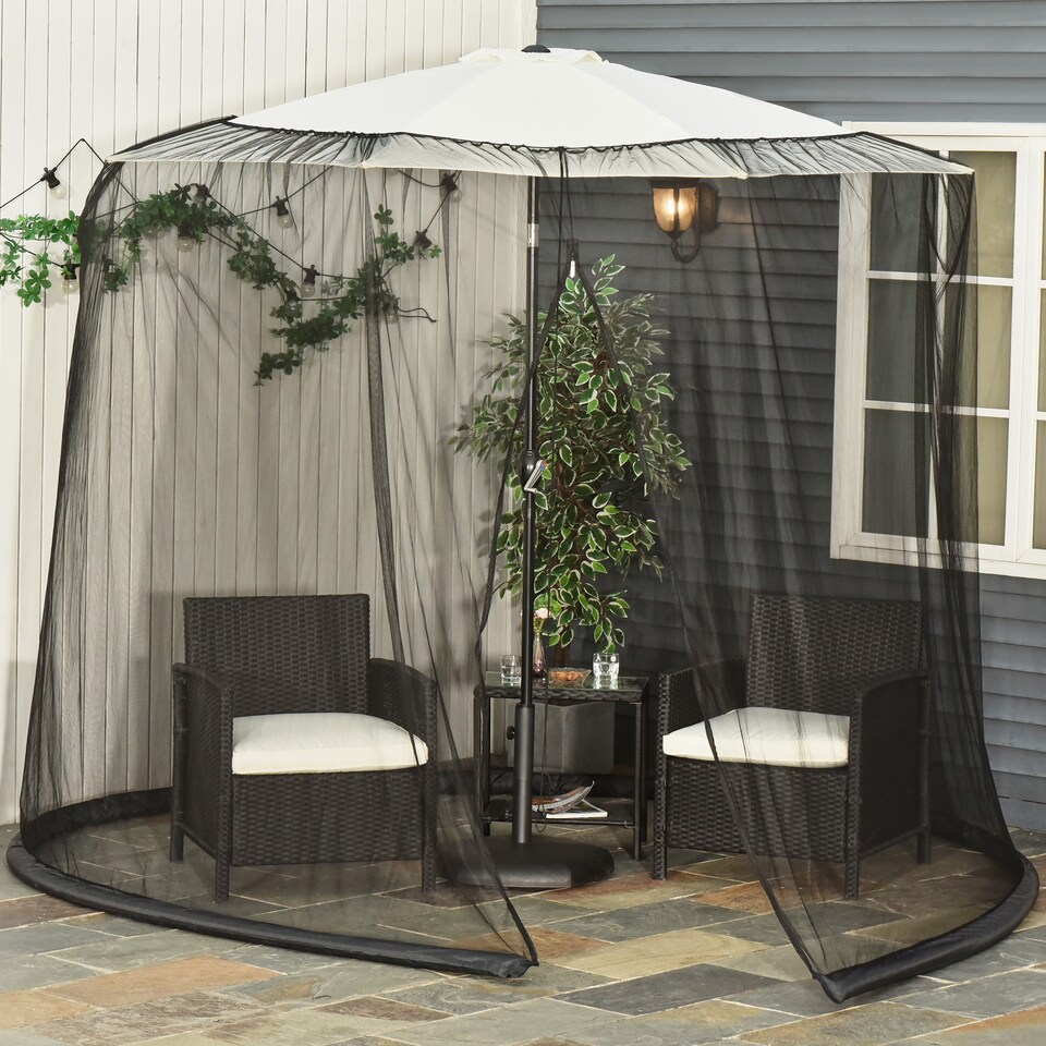 image 1 of Outsunny Outdoor Garden Umbrella Table Screen, 2.3 m Parasol Bug Mosquito Net Cover with Zipped Door, Patio Mosquito Netting Cover with Water Fillable Tube at Base, Black