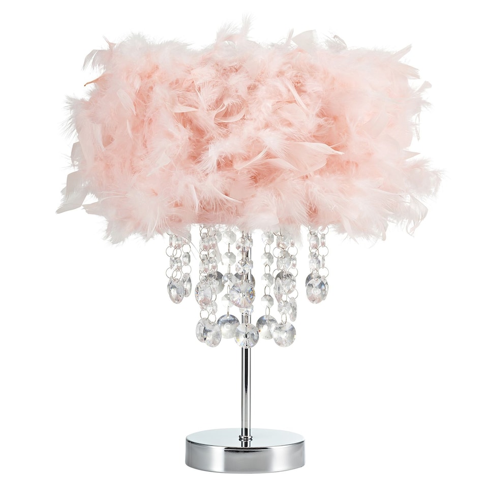 image 1 of Modern Chandelier Style Pink Feather Table Lamp with Waterfall Acrylic Droplets | Pink | Pink | 1