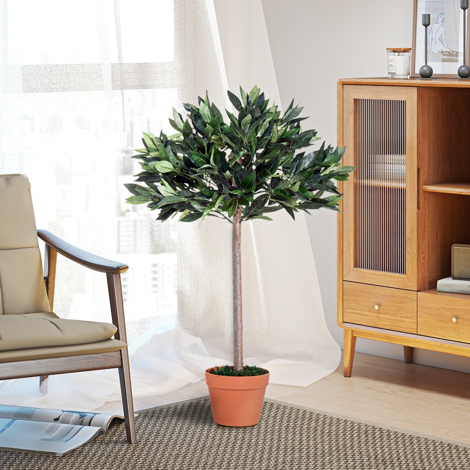 image 1 of Outsunny 3ft Artificial Olive Tree Indoor Plant Greenery for Home Office Potted in An Orange Pot