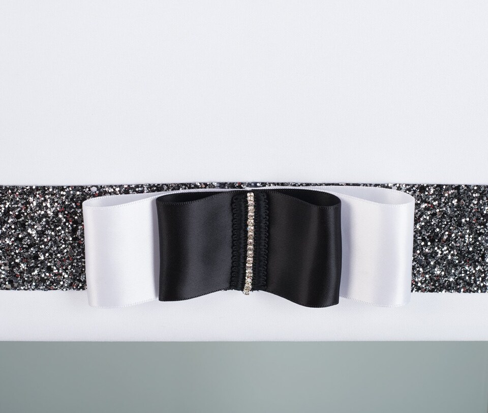 image 1 of FURNISHED Blackout Roller Blind with Black Glitter Trim and Black&White Bow Cut to Size | White | White 1 | (W) 150cm x (L) 165cm