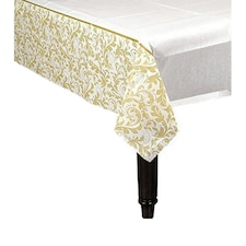 Amscan Plastic Floral 50th Anniversary Party Table Cover - White/Gold - One Size