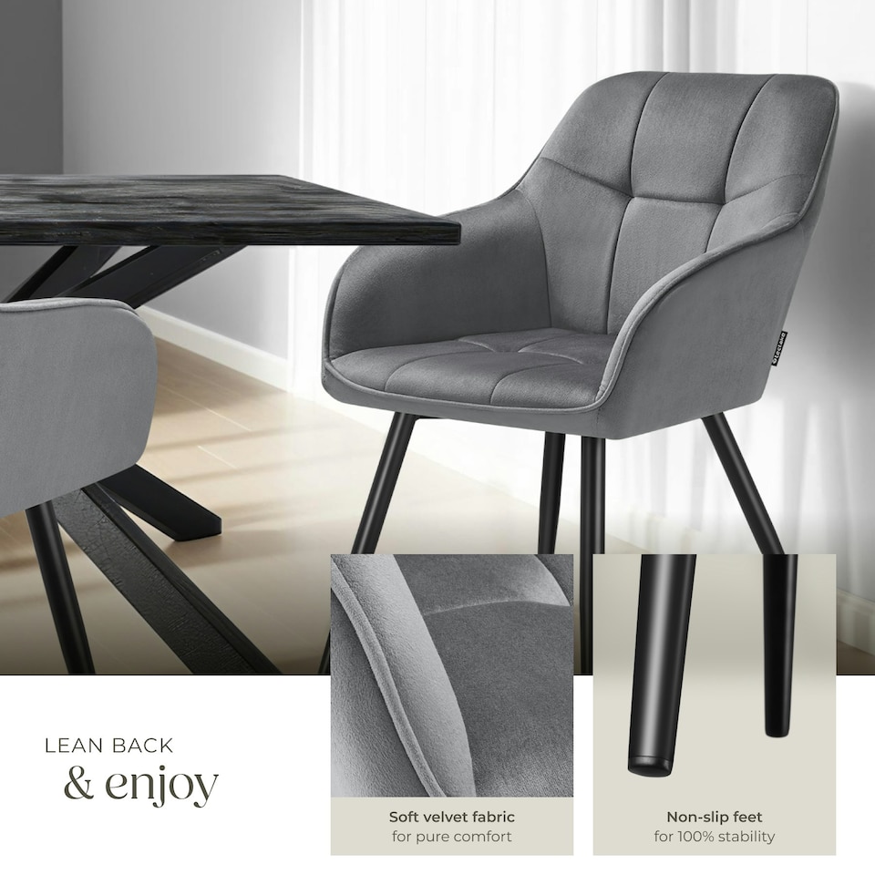 image 1 of Dining Chair Marilyn - velvet look, quilted pattern - per piece Grey | Grey/Black