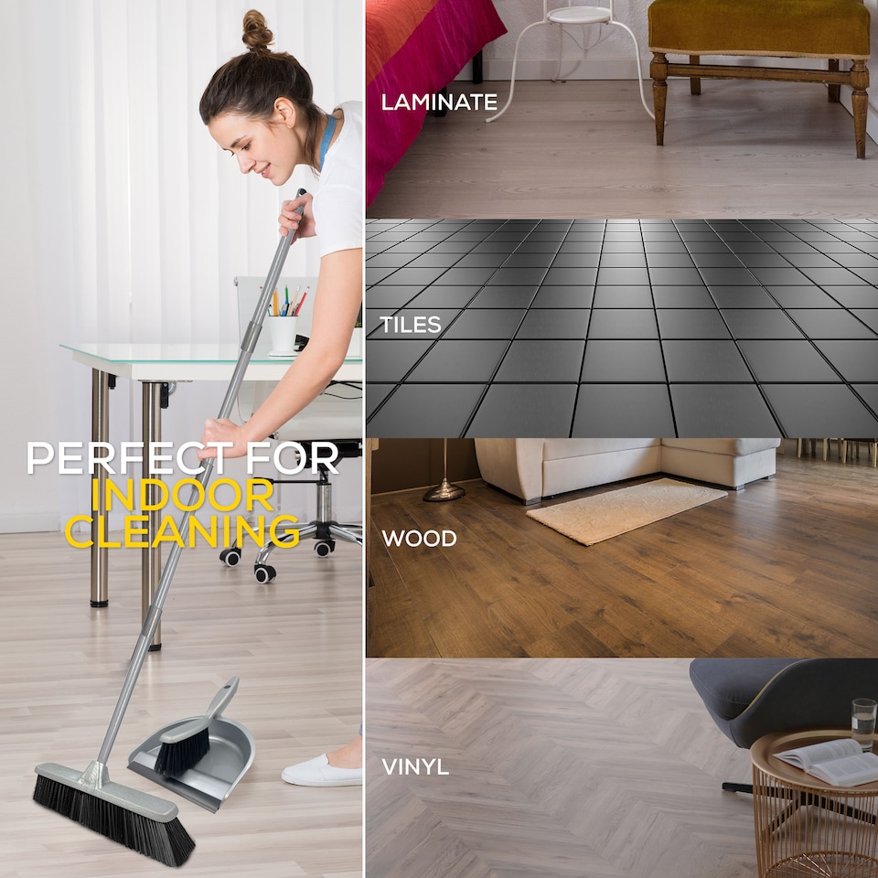 image 1 of Indoor Soft Sweeping Broom and Dustpan Set Long Handle Floor Brush for Wood and Tile